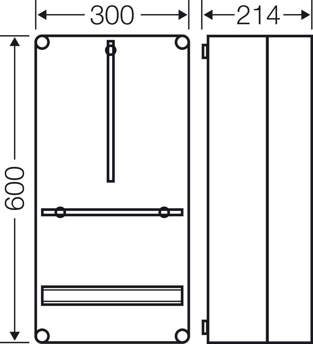 Technische Zeichnung eines rechteckigen Gehäuses mit den Maßen 600 x 300 x 214 mm, Seitenansicht und Vorderansicht.