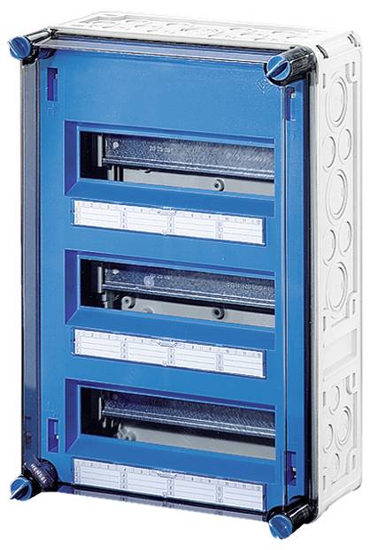 Ein leerer blauer Schaltschrank mit mehreren Reihen für elektrische Komponenten, bereit zur Installation in einem Gebäude.