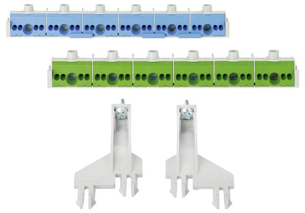 Blaues und grünes elektrisches Anschlussklemmenmodul mit dazugehörigen Montagehalterungen.