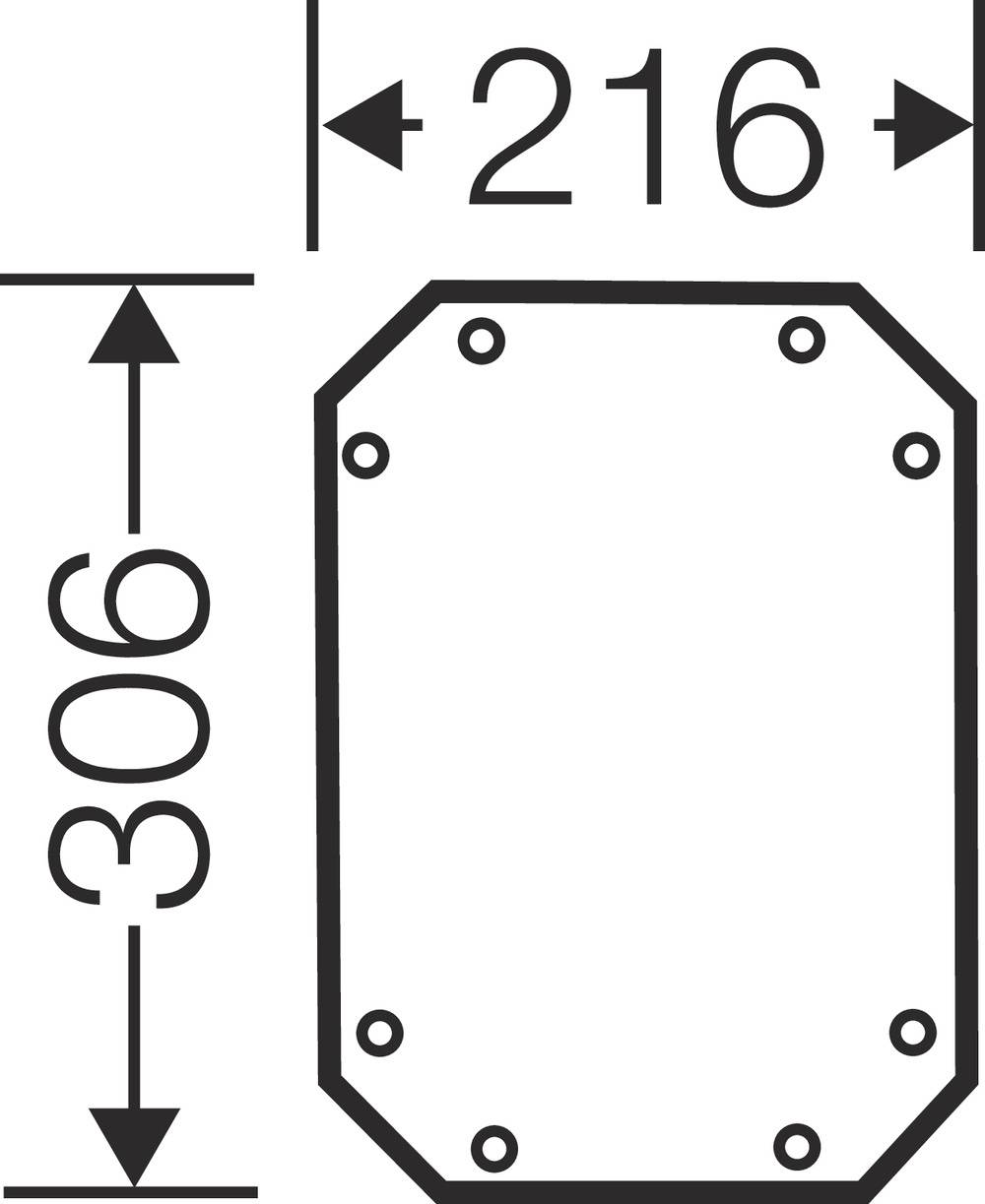 Abmessungen eines achteckigen Objekts: Breite 216 mm, Höhe 306 mm. Acht Schraubenlöcher entlang der Kanten.