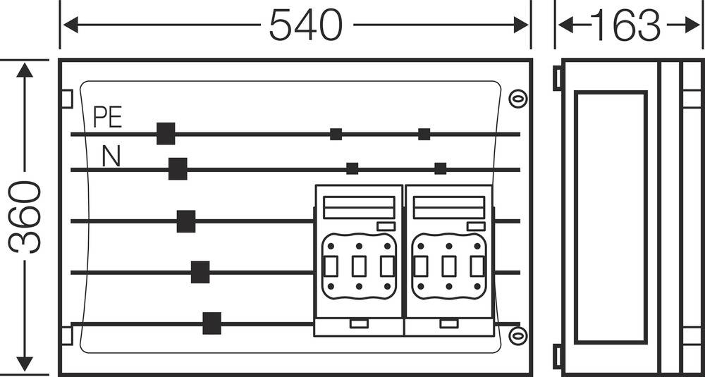 Technische Zeichnung eines elektrischen Schaltkastens mit Abmessungen: Breite 540 mm, Höhe 360 mm, Tiefe 163 mm. Zeigt zwei Steckplätze.