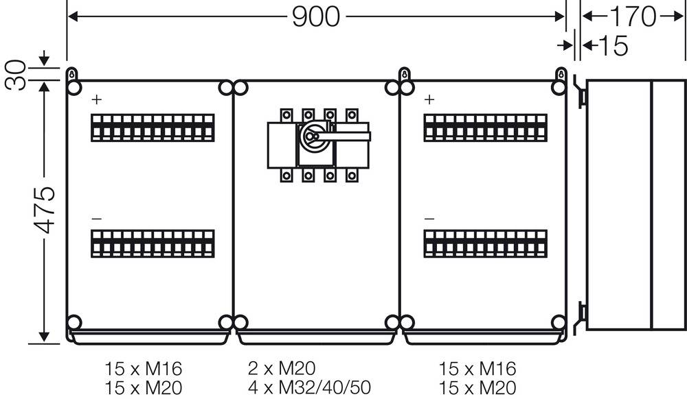 Technische Zeichnung eines rechteckigen Schaltschranks mit Maßen 900 x 475 mm. Zu sehen sind Anschlüsse und Befestigungspunkte.