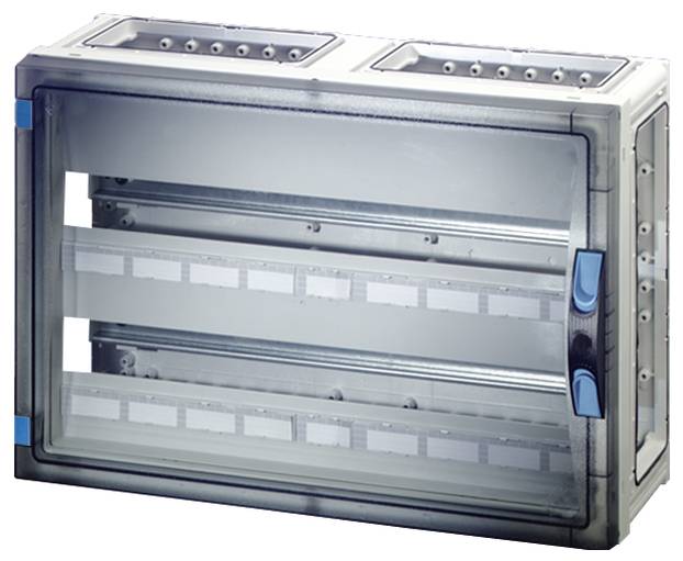 Ein leerer Schaltschrank aus Metall mit transparentem Glasdeckel. Er hat mehrere Befestigungspunkte für elektronische Bauteile.