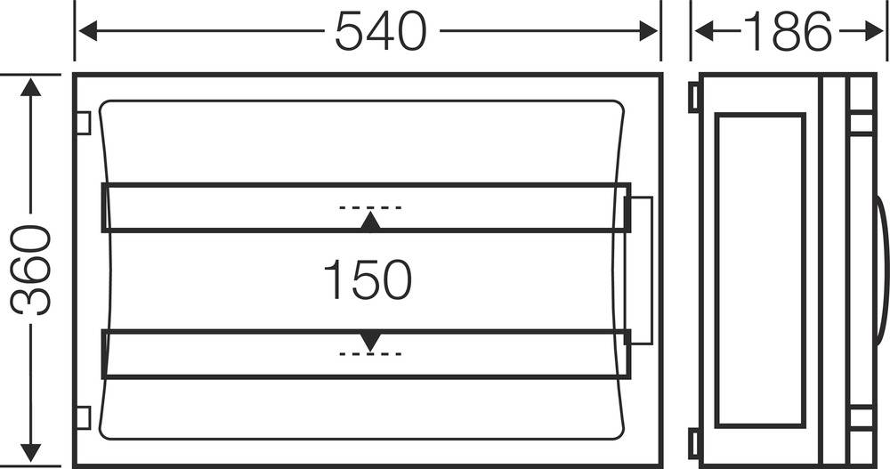Diagramm einer rechteckigen Lüftungsöffnung mit den Maßen 540 mm Breite, 360 mm Höhe, 186 mm Tiefe und 150 mm Länge der inneren Komponente.