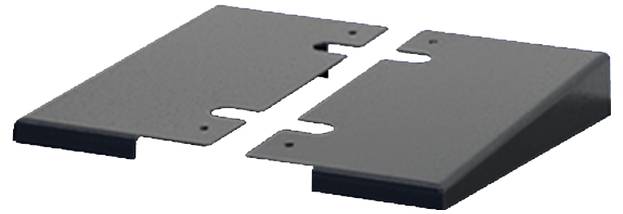 Zwei graue Metallplatten liegen nebeneinander mit Einkerbungen zur Verbindung, wahrscheinlich Teile eines Halterungssystems.