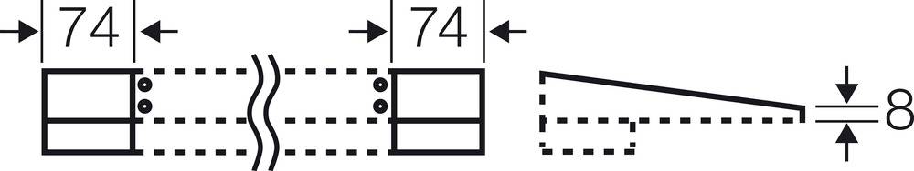Technische Zeichnung zeigt zwei identische rechteckige Objekte mit Breite '74', verbunden durch eine geschwungene Linie, und eine Verbindung mit Breite '8'.