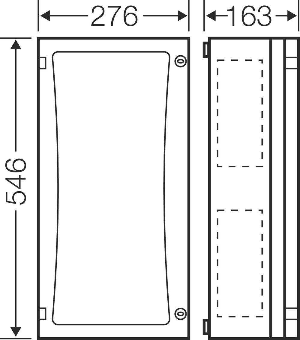 Diagramm eines rechteckigen Objekts mit den Maßen 276 x 546 x 163 mm. Zeigt die Front- und Seitenansicht mit ausgestellten Details.