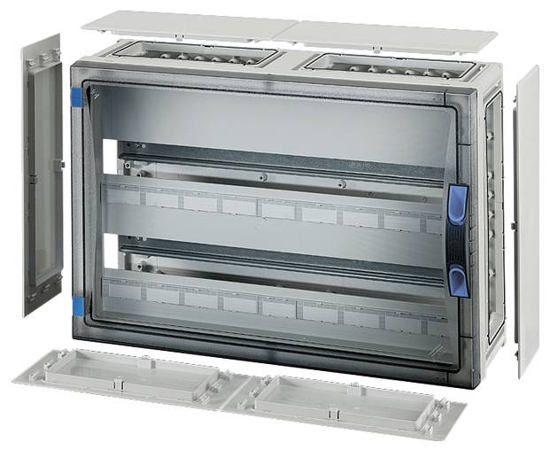 Ein offener Verteilerkasten mit transparenten Abdeckungen zeigt mehrere Schienen zur Befestigung von elektrischen Komponenten.