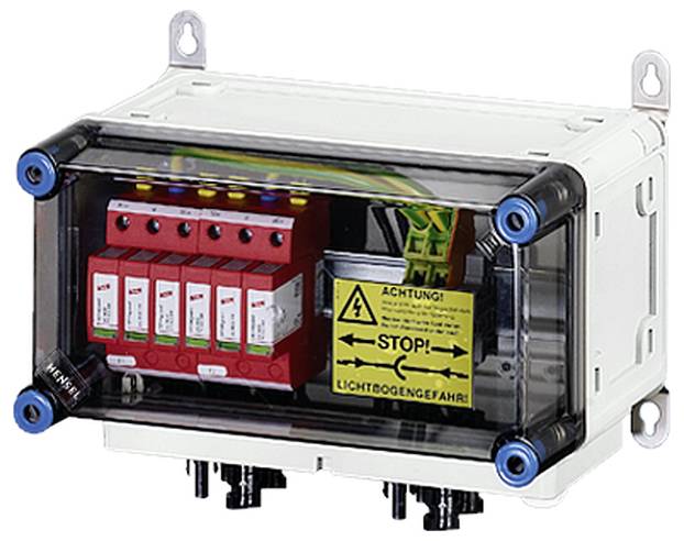 Ein elektrischer Sicherungskasten mit roten Schutzschaltern und einem gelben Warnschild: 'Achtung! Stop! Lichtbogengefahr!'.