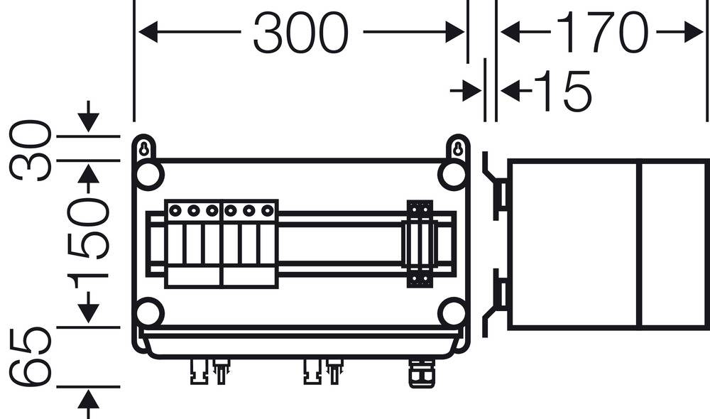 Technische Zeichnung eines elektrischen Geräts mit Maßen: Breite 300 mm, Höhe 150 mm. Zeigt Anschlussdetails und Montagemöglichkeiten.