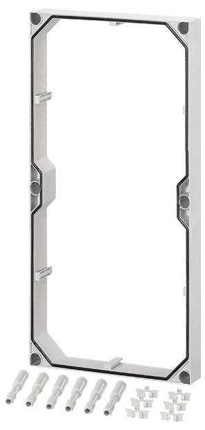 Ein rechteckiger weißer Kunststoffrahmen mit abgerundeten Ecken, umgeben von mehreren Schrauben und kleinen weißen Kunststoffteilen.