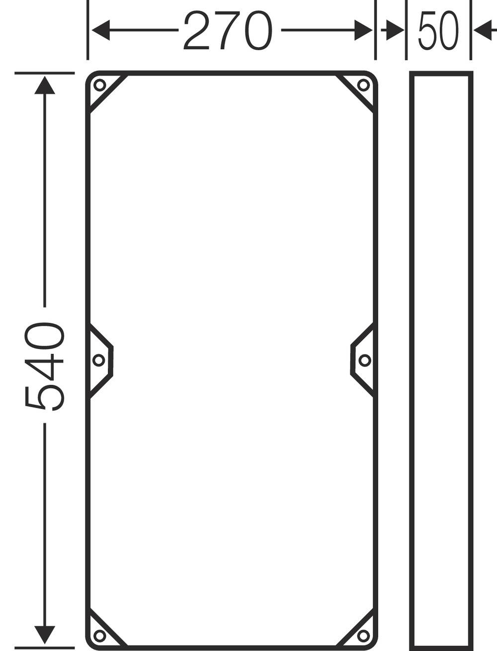 Technische Zeichnung eines rechteckigen Bauteils mit den Maßen: Breite 270 mm, Höhe 540 mm, Tiefe 50 mm.