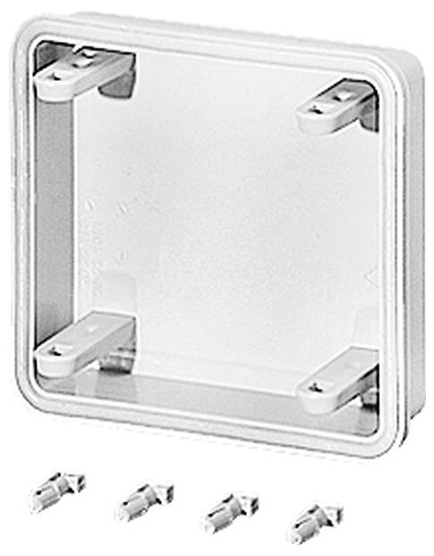 Eine quadratische, transparente Kunststoffabdeckung mit vier Befestigungspunkten in den Ecken. Darunter sind vier Metallclips abgebildet.