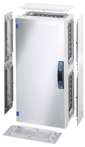 Elektrischer Verteilerkasten mit geöffneten Türen, zeigt interne Fächer und Montagezubehör. Designed für elektrische Installationen.