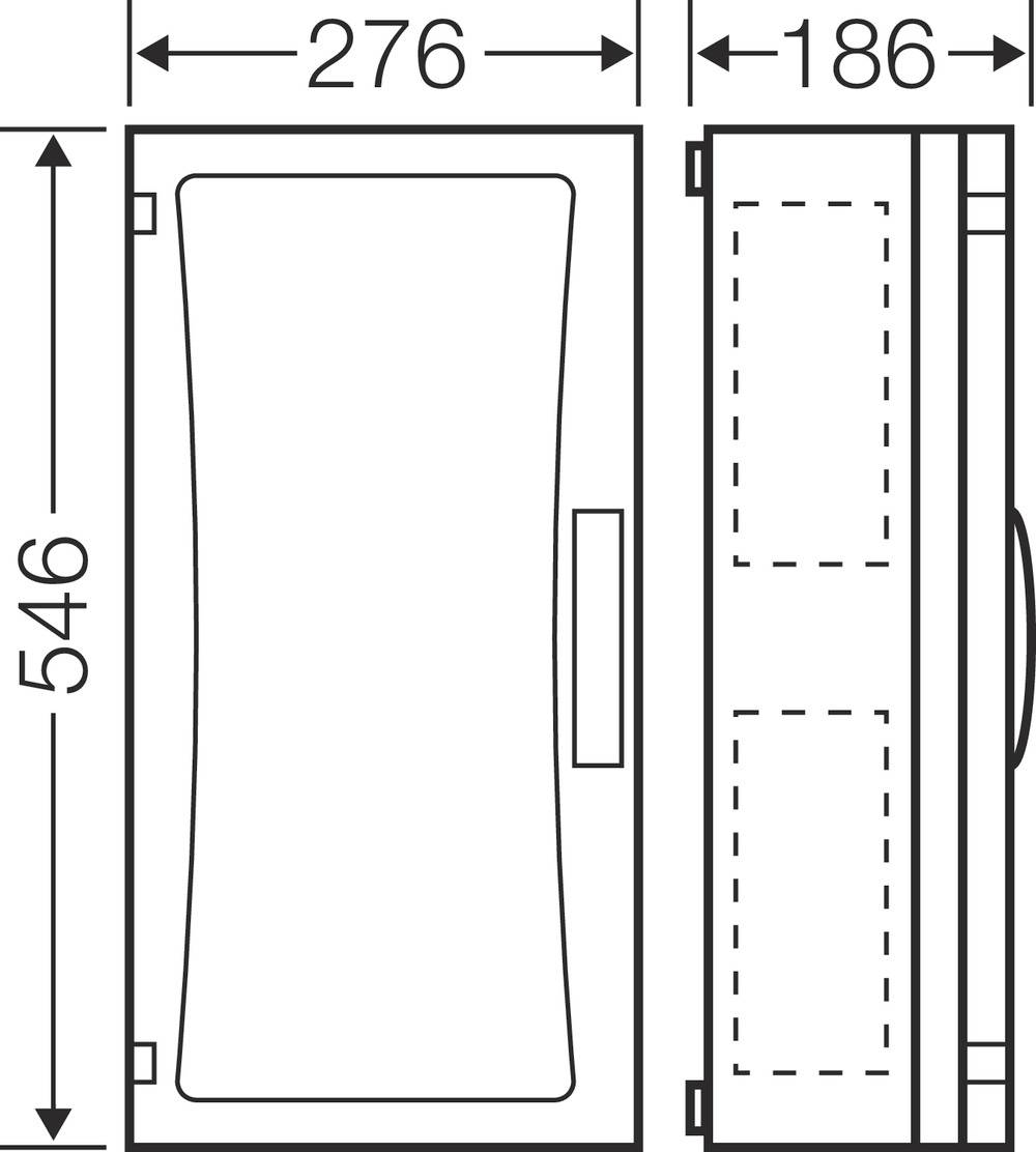 Zeichnung eines Kastens mit sichtbaren Maßen: Höhe 546 mm, Breite 276 mm, Tiefe 186 mm. Seitlich sind Innenteile sichtbar.