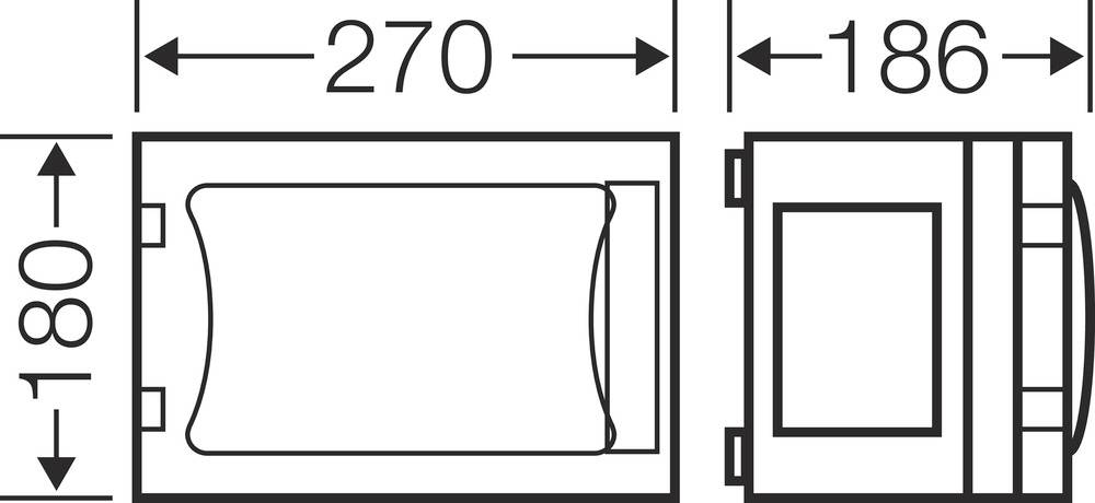 Technische Zeichnung eines rechteckigen Behälters mit Maßen: Höhe 180 mm, Breite 270 mm, Tiefe 186 mm. Draufsicht und Seitenansicht.
