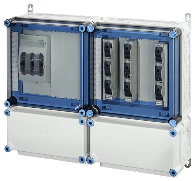 Kombination von zwei modularen Kunststoffgehäusen mit transparenten Abdeckungen, innenliegende Schalter, geeignet für industrielle Anwendungen.