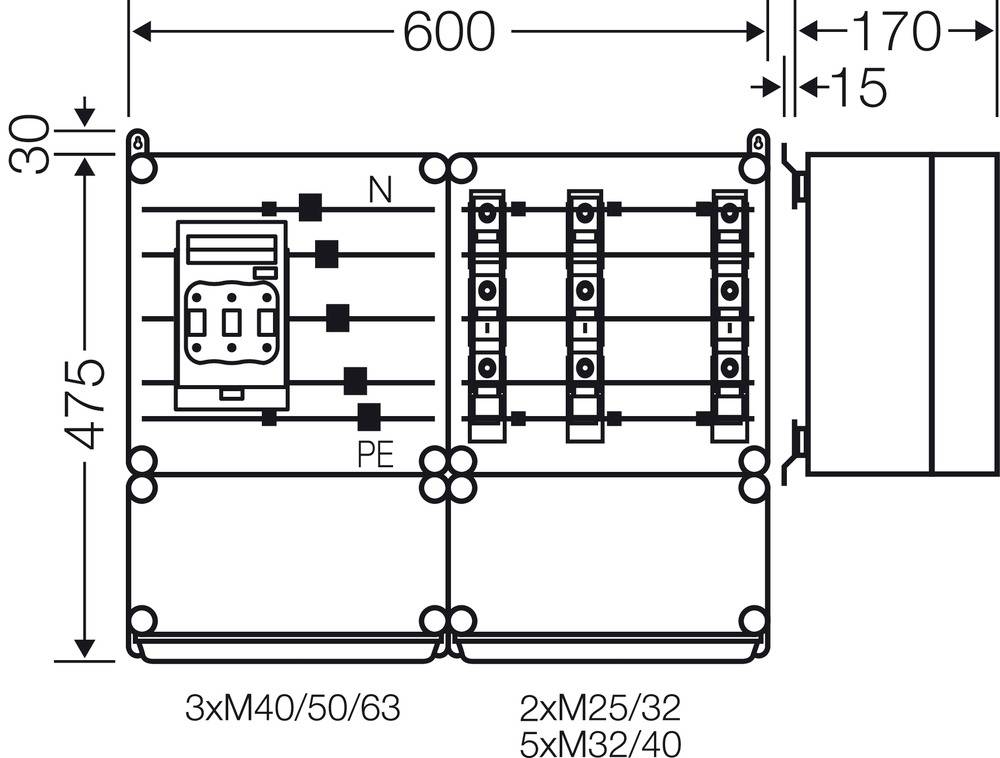 Technische Zeichnung eines elektrischen Schaltkastens, zeigt Abmessungen: 600 mm Breite, 475 mm Höhe; Anschlüsse N, PE und mehrere M-Größen.