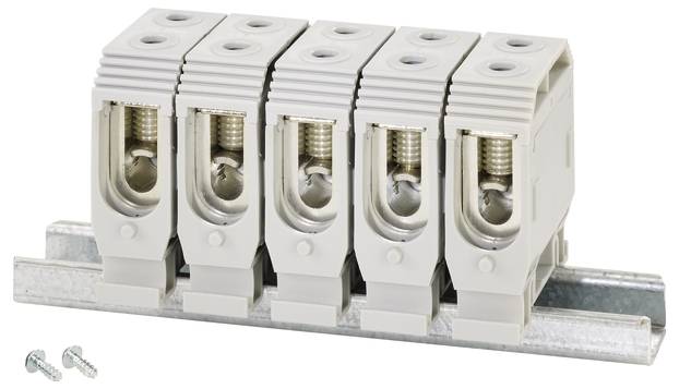 Fünffach-Hutschienenklemme mit Metallschienenunterstützung, geeignet für elektrische Verbindungen. Zwei Schrauben sind im Bild.