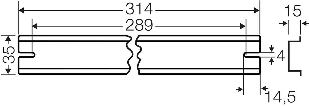 Technische Zeichnung eines Maschinenteils mit Maßen: Gesamtlänge 314, Breite 35, innere Segmentslänge 289, Lücke 4.