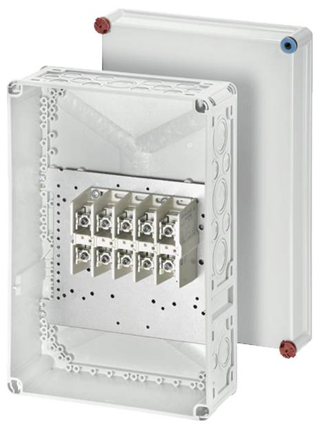 Transparenter Kunststoffkasten geöffnet, zeigt innere Schaltung mit mehreren Anschlussklemmen. Hinten geschlossener Kasten. Zweck: Elektrische Verbindungen verwalten.