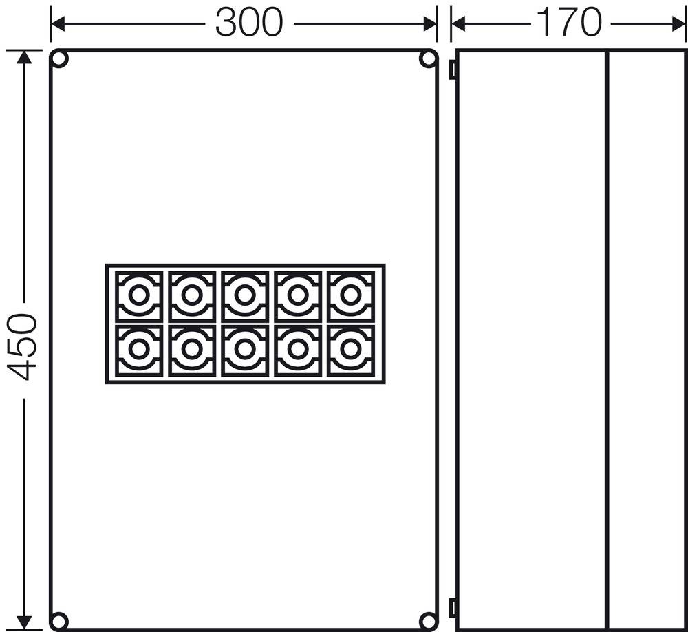 Technische Zeichnung eines rechteckigen Kastens mit den Maßen 300 x 450 x 170 mm. Zeigt Scharnierposition und Schraubenlöcher.