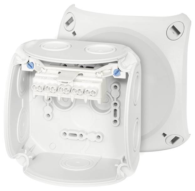 Eine offene, weiße Abzweigdose mit einem elektrischen Anschlussblock im Inneren. Die Rückseite der Box ist sichtbar.