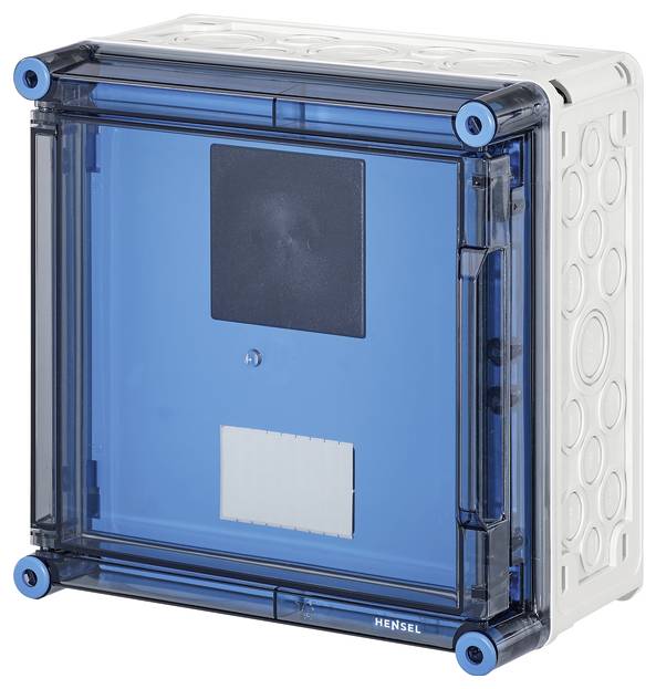 Ein blauer, transparenter Sicherungskasten mit weißem Gehäuse und schwarzen Schrauben an den Ecken.