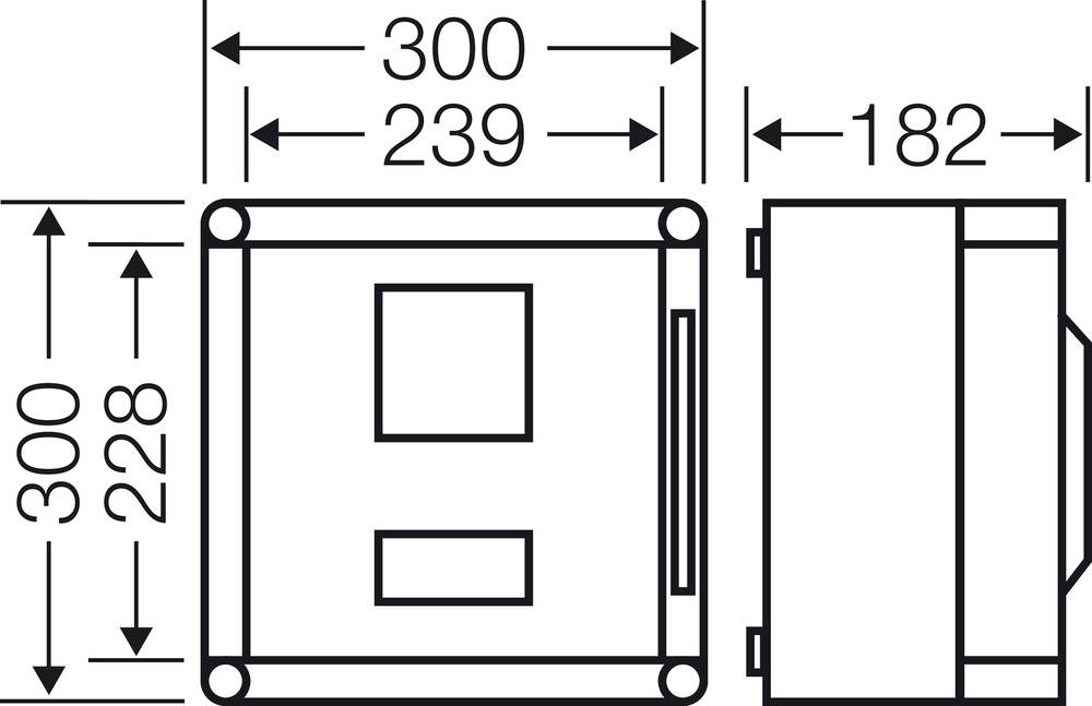 Diagramm einer rechteckigen Konstruktion, Maße: Breite 300 mm, Höhe 300 mm, Tiefe 182 mm. Innere Maße: Breite 239 mm, Höhe 228 mm.