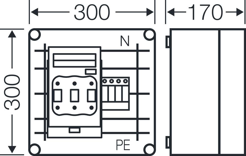 Schaltplan einer elektrischen Anschlussdose mit den Abmessungen 300x170 mm. Zeigt Position von 'N' und 'PE'-Anschlüssen.