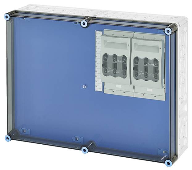 Elektrischer Verteilerkasten mit transparenter blauer Abdeckung, zwei installierten Sicherungsautomaten und mehreren Steckplätzen.