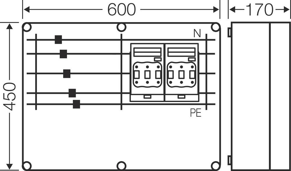 Schaltplan einer elektrischen Anlage mit den Maßen 600x450 mm, zeigt zwei Steckdosen mit N- und PE-Kennzeichnung und Kabelverbindungen.