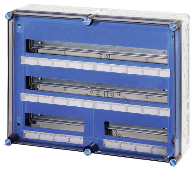 Elektrischer Verteilerkasten mit blauer Abdeckung, zeigt mehrere horizontale Metallschienen für die Montage von Sicherungen oder Geräten.