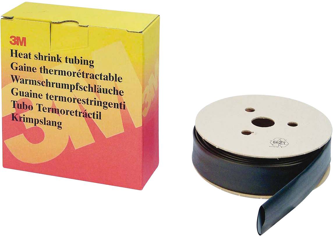 Eine gelb-rote Verpackung und eine Rolle schwarzer Wärmeschrumpfschläuche von 3M, zur Isolation und Schutz von Kabeln.