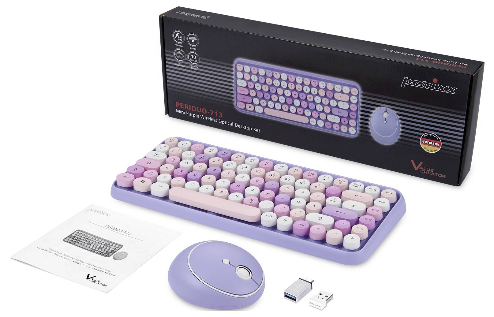 Perixx PERIDUO-713 Purple DE Funk Tastatur, Maus-Set Deutsch, QWERTZ Lila, Flieder