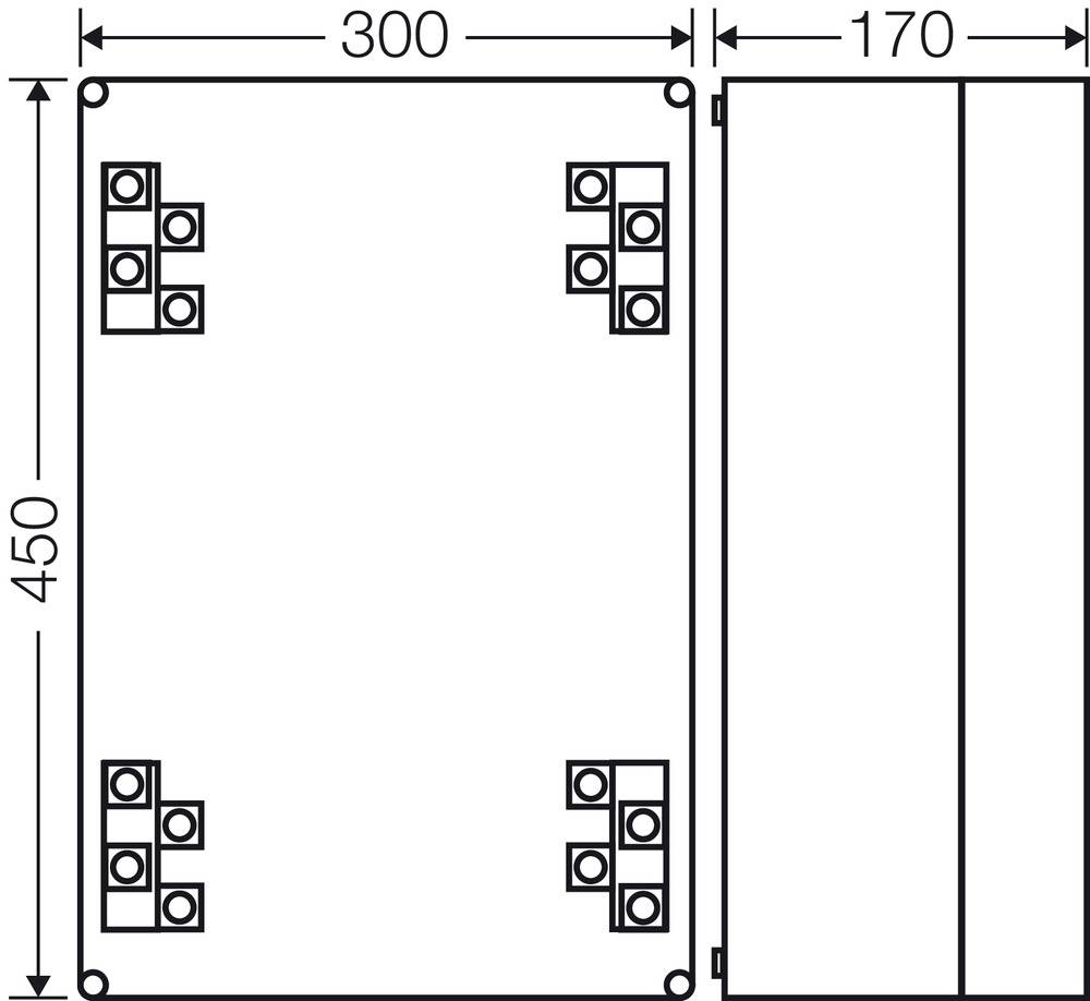 Technische Zeichnung eines rechteckigen Blocks mit Maßen 300x450. Kleine quadratische Elemente an den Ecken. Seitenansicht zeigt zwei Segmente.
