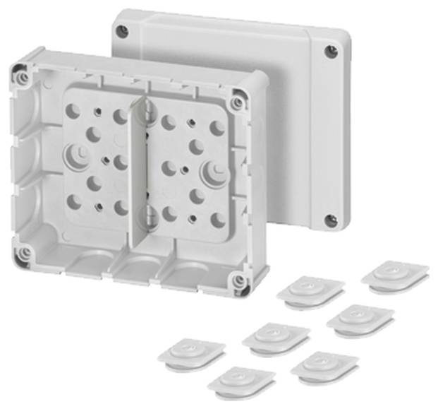 Eine rechteckige, graue Kunststoffdose mit abnehmbarer Abdeckung. Sie hat mehrere Öffnungen und austauschbare Verschlussteile.