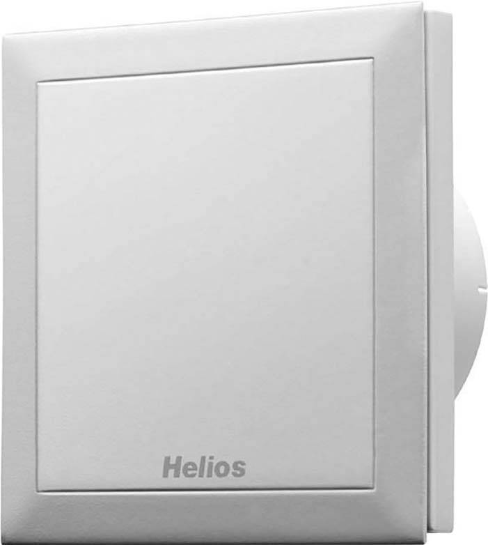 Ein rechteckiger, weißer Lüftungsventilator der Marke Helios. Das Gehäuse ist schlicht ohne sichtbare Bedienelemente oder Anzeigen.