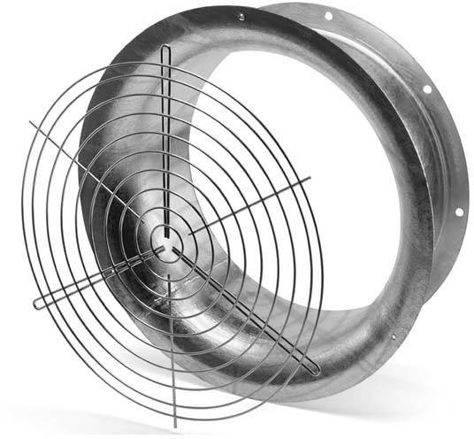 Metallring mit befestigtem runden Lüftungsgitter. Man sieht Schraubenlöcher zur Befestigung. Verwendet zur Belüftung oder als Schutz.