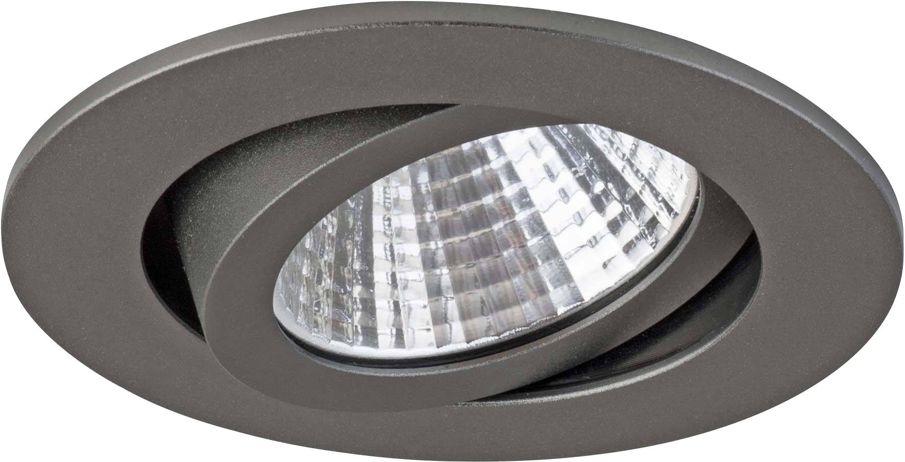 Schwarzer runder Deckeneinbaustrahler mit einem verstellbaren Reflektor.