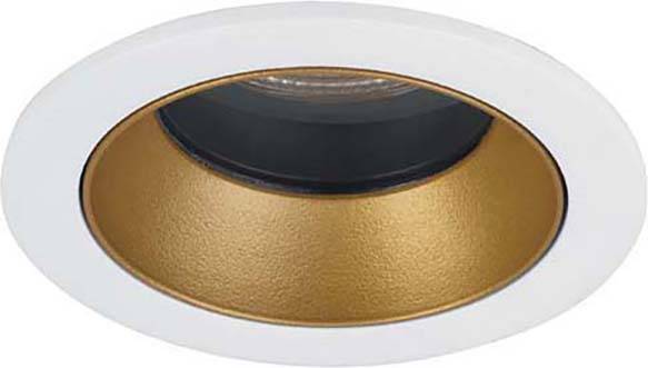Runde, eingelassene Deckenleuchte mit weißem Rand und goldener Innenseite. Sie ist modern gestaltet und für Innenbeleuchtung geeignet.
