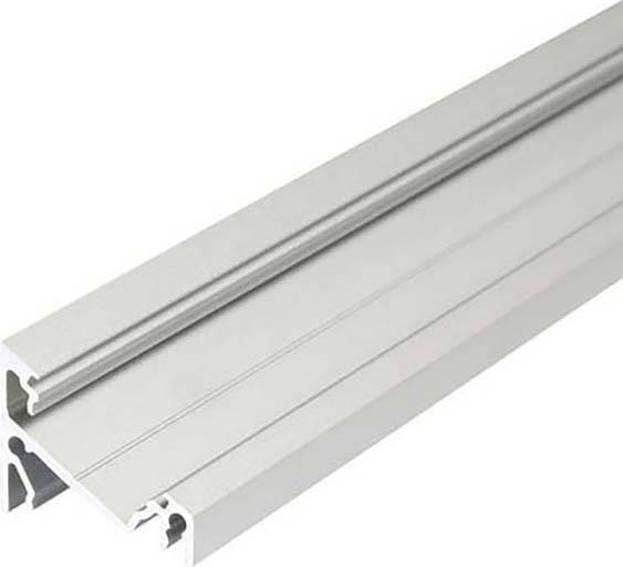 Aluminiumprofil in L-Form, grau, mit zwei parallel verlaufenden Rillen. Geeignet für Montagelösungen oder Befestigungsanwendungen.