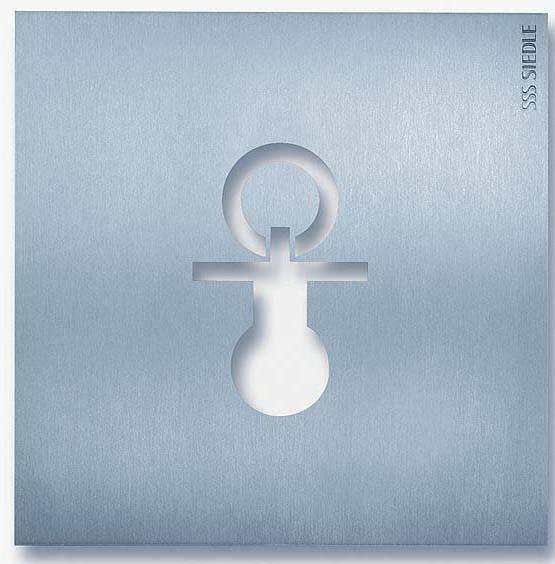 Ein quadratisches, silbernes Metallstück mit durchgeschnittenem Kreuz und Kreis, daneben der Schriftzug 'SSS SIEDLE'.