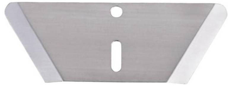 Eine Metalltrapezklingen mit einem zentralen ovalen Loch und scharfen Kanten, die häufig in Universalmessern zum Schneiden verwendet wird.