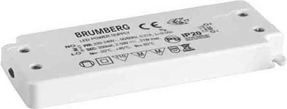 Rechteckiges weißes LED-Netzteil von Brumberg mit technischen Spezifikationen und Symbolen für Stromversorgung und Schutzart IP20.