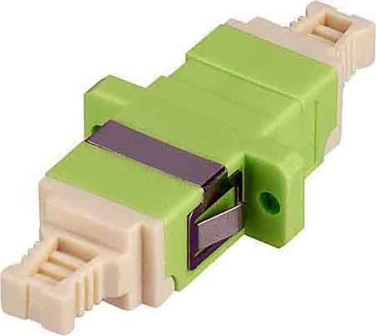Ein grüner Glasfaser-Adapter mit beigen Steckanschlüssen, verwendet zur Verbindung von Glasfaserkabeln in Telekommunikationsnetzwerken.
