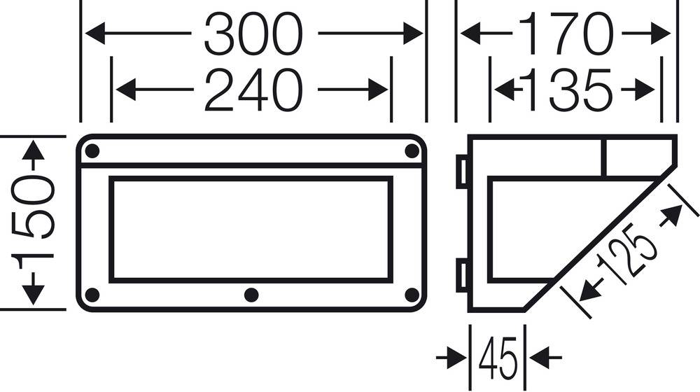 Technische Zeichnung eines rechteckigen Bauteils mit Maßen: Breite 300/240/170/135 mm, Höhe 150 mm, Tiefe 125/45 mm.