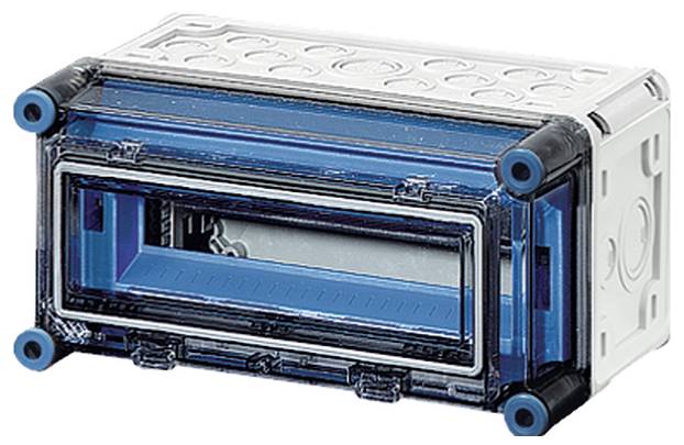 Rechteckige, transparente Kunststoffbox mit blauen Elementen, möglicherweise ein elektrisches Gehäuse.