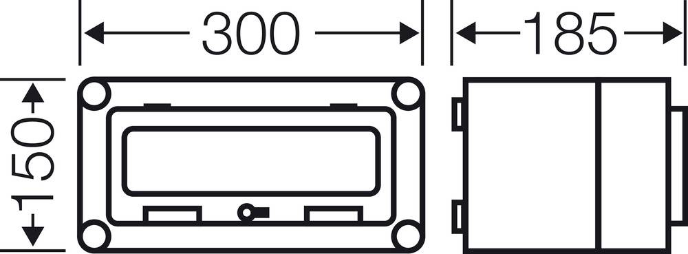 Technische Zeichnung einer rechteckigen Box mit den Maßen: Breite 300 mm, Höhe 150 mm und Tiefe 185 mm.