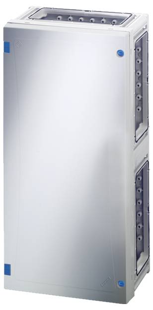 Eine vertikale, rechteckige, silberne Metallbox mit mehreren seitlichen Steckverbindungen. Sie hat blaue Ecken und scheint technisch zu sein.